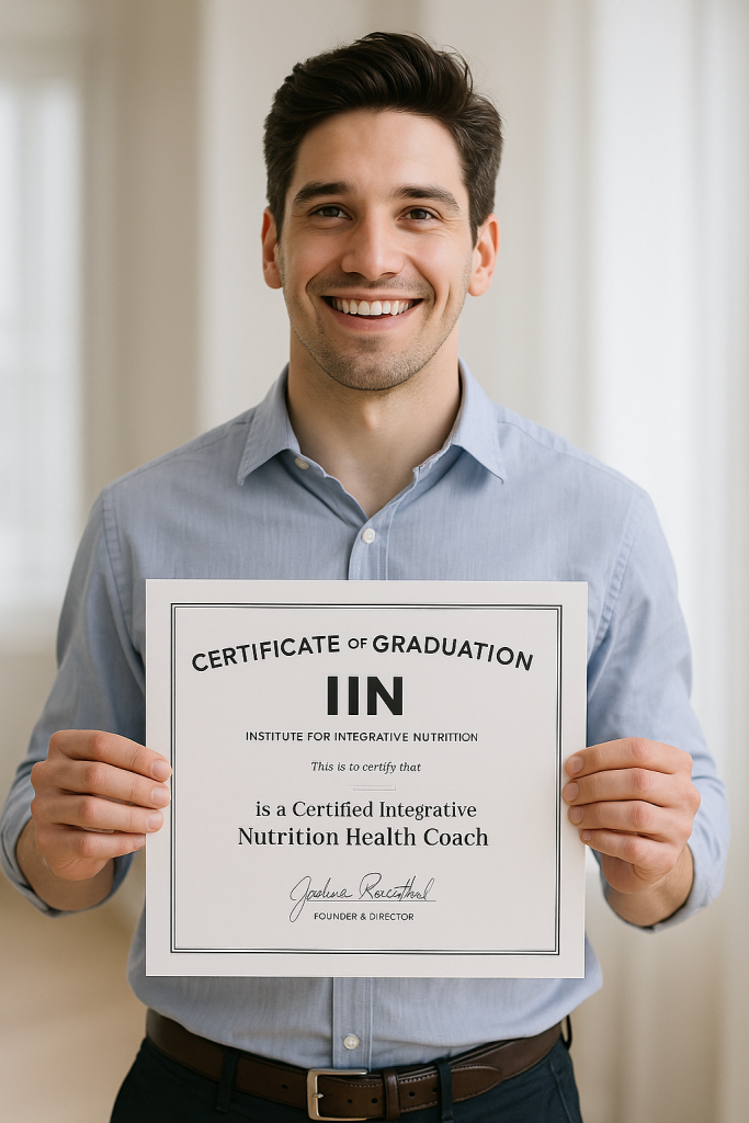 Graduado mostrando el diploma de Health Coach IIN