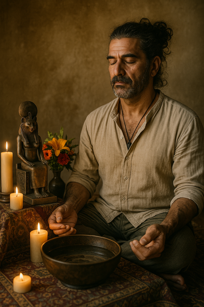 Hombre en profunda meditación junto a velas, cuenco ritual y estatua espiritual, representando el cierre energético del camino Invictos desde La Pirámide del Conocimiento