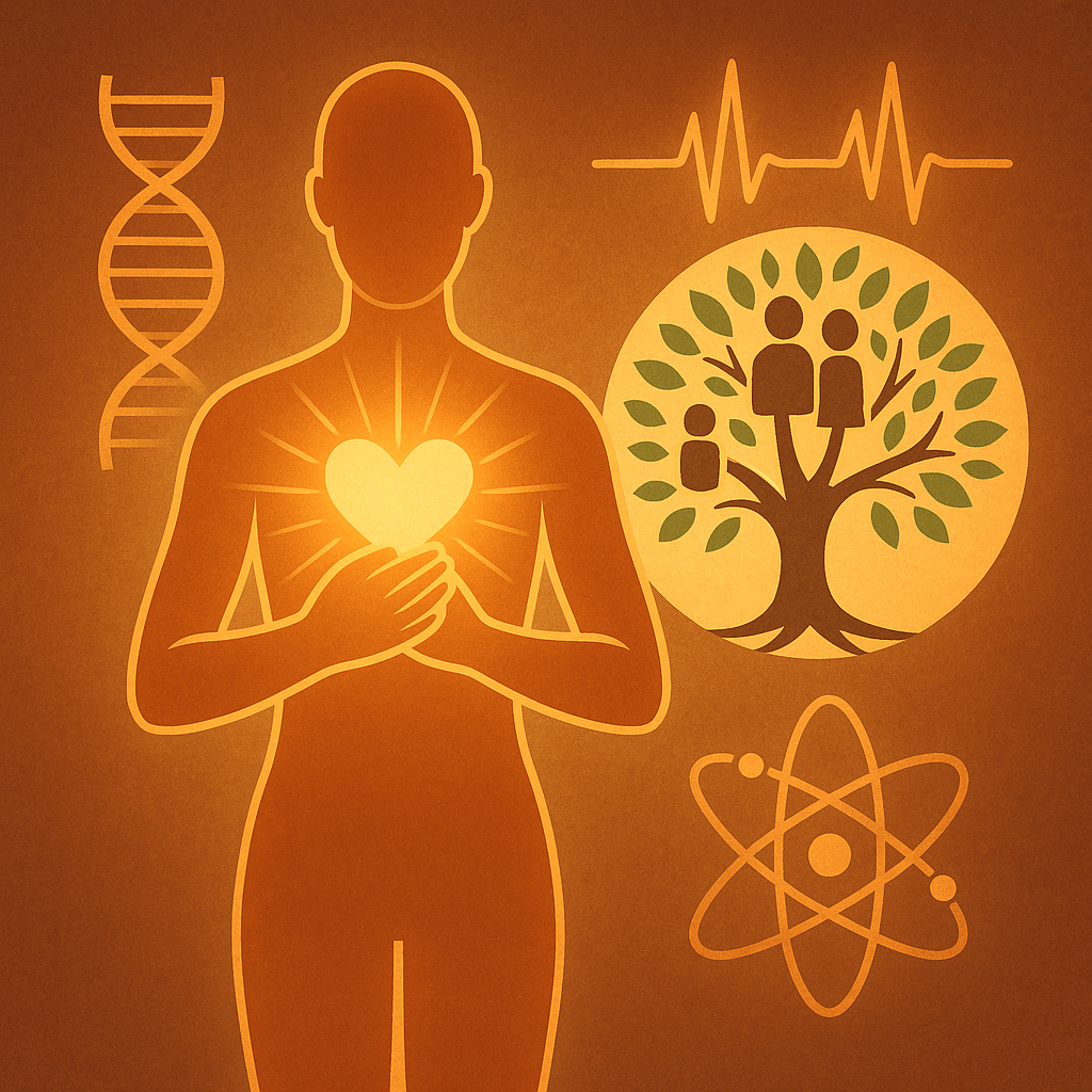 Ilustración de un cuerpo humano con luz en el corazón, árbol genealógico, ADN y símbolo cuántico, representando la sanación emocional desde el linaje y la conciencia.