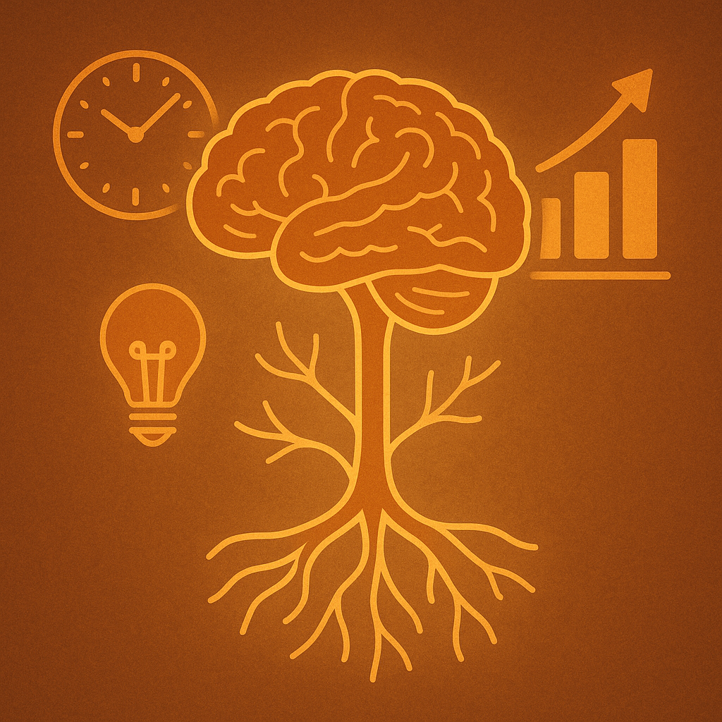 Ilustración de un cerebro con raíces, reloj, gráfico ascendente y bombilla, simbolizando el crecimiento personal y el aprendizaje profundo.