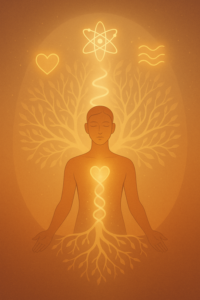 Ilustración espiritual de una figura humana en meditación con un árbol genealógico, luz en el corazón y símbolos cuánticos, representando la transformación a través de la biodescodificación.