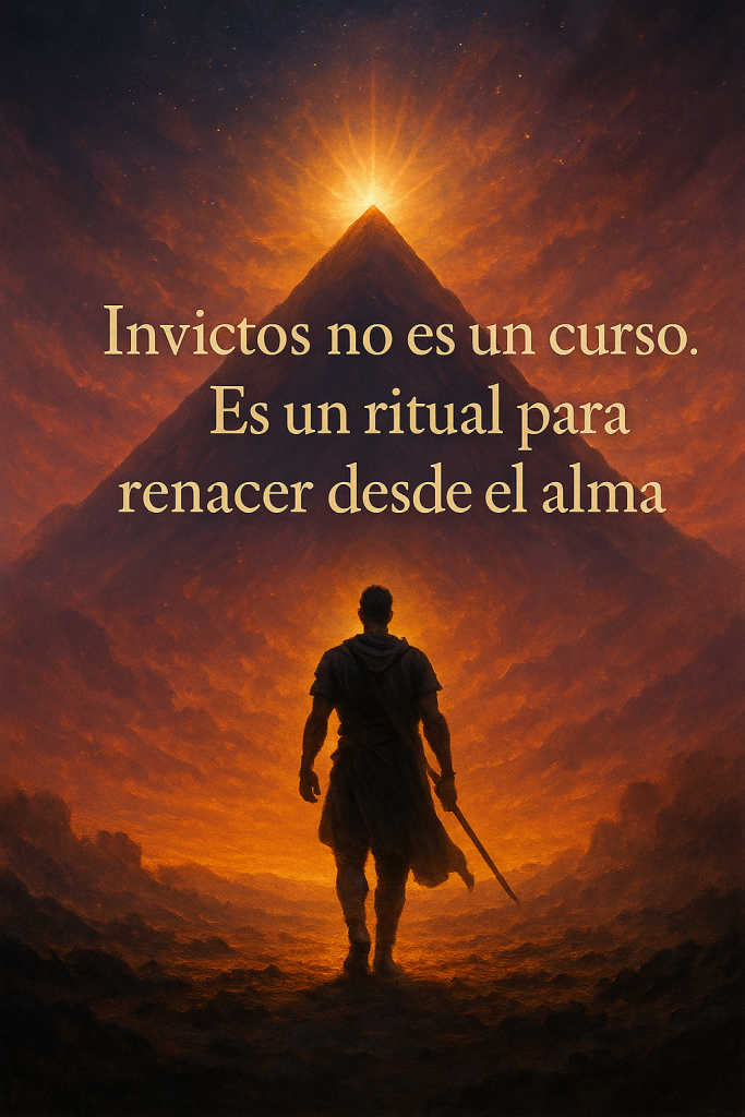Guerrero caminando hacia una montaña piramidal iluminada por el sol con la frase "Invictos no es un curso. Es un ritual para renacer desde el alma"