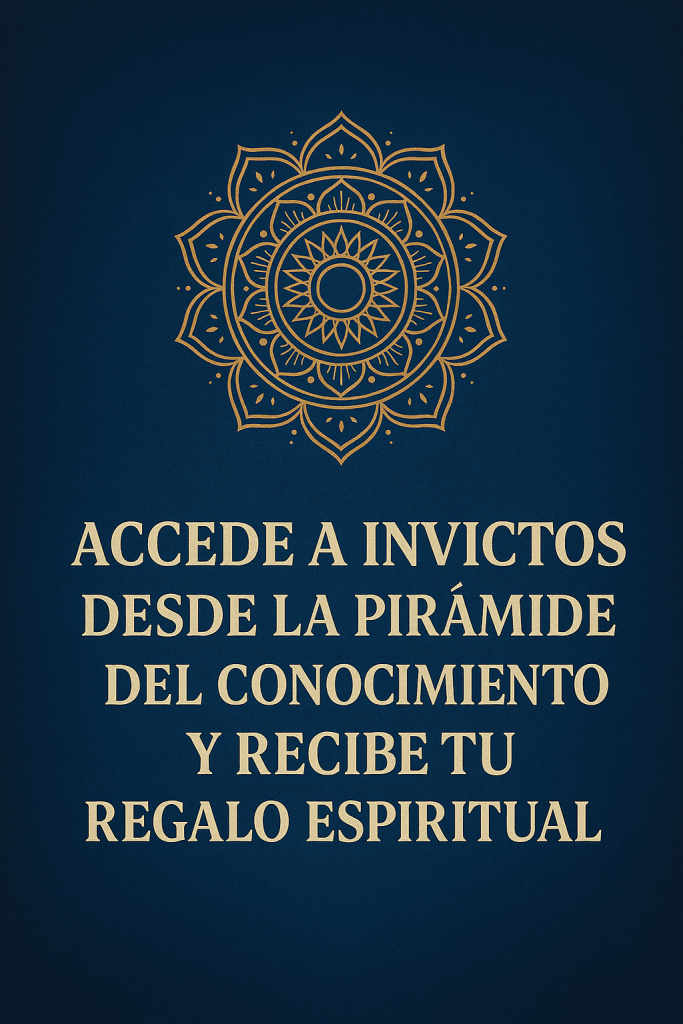 Mandala dorado sobre fondo azul con frase: Accede a Invictos desde La Pirámide del Conocimiento y recibe tu regalo espiritual