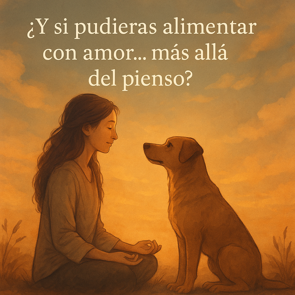Imagen espiritual de conexión humano-animal con la frase: “¿Y si pudieras alimentar con amor… más allá del pienso?”
