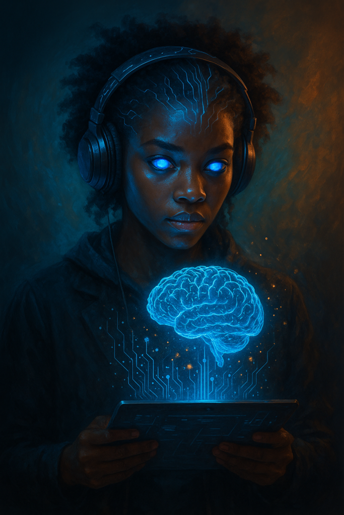 Mujer afrodescendiente con implantes de IA y cerebro holográfico, representando aprendizaje de inteligencia artificial