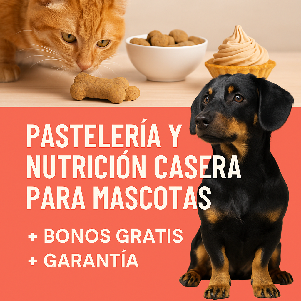 Curso de pastelería y nutrición casera para mascotas con gato, perro, snacks, y texto promocional sobre bonos y garantía