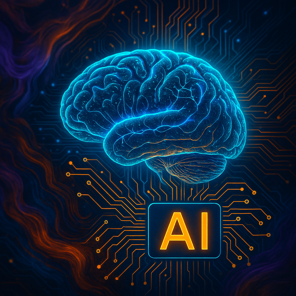 Cerebro brillante con conexiones artificiales y chip AI, simulando flujos neuronales automatizados