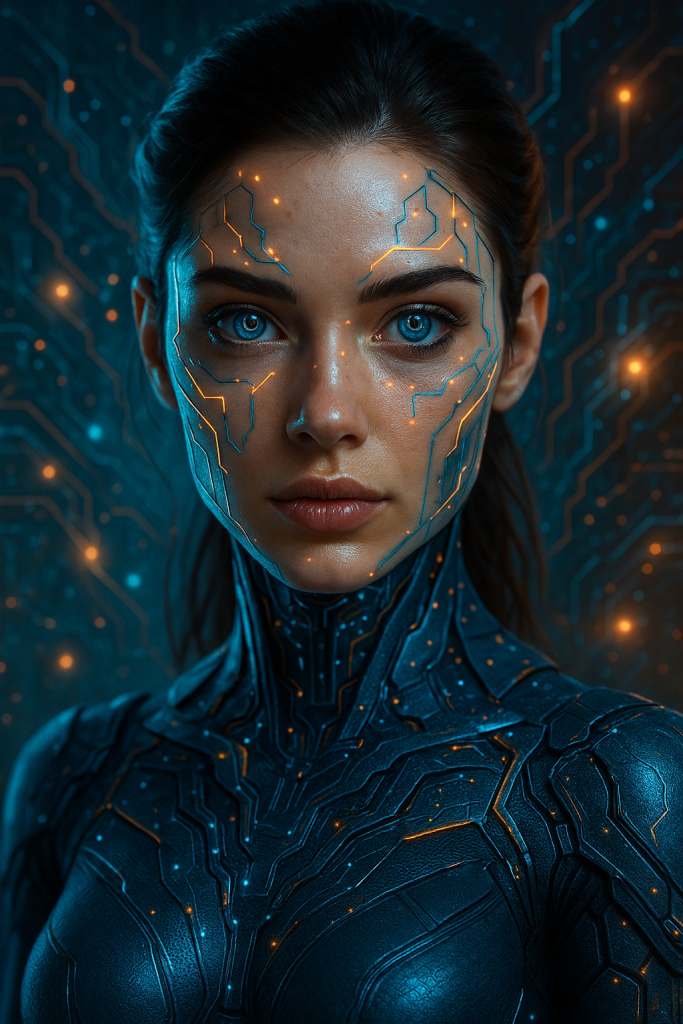 Mujer con rostro cibernético, ojos brillantes y líneas de IA sobre la piel – avatar de transformación digital con propósito