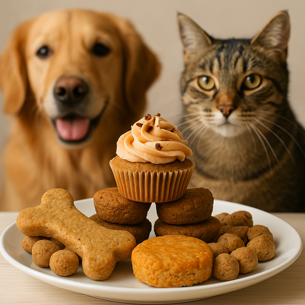 Snacks naturales para mascotas sobre plato blanco, con perro y gato al fondo observando