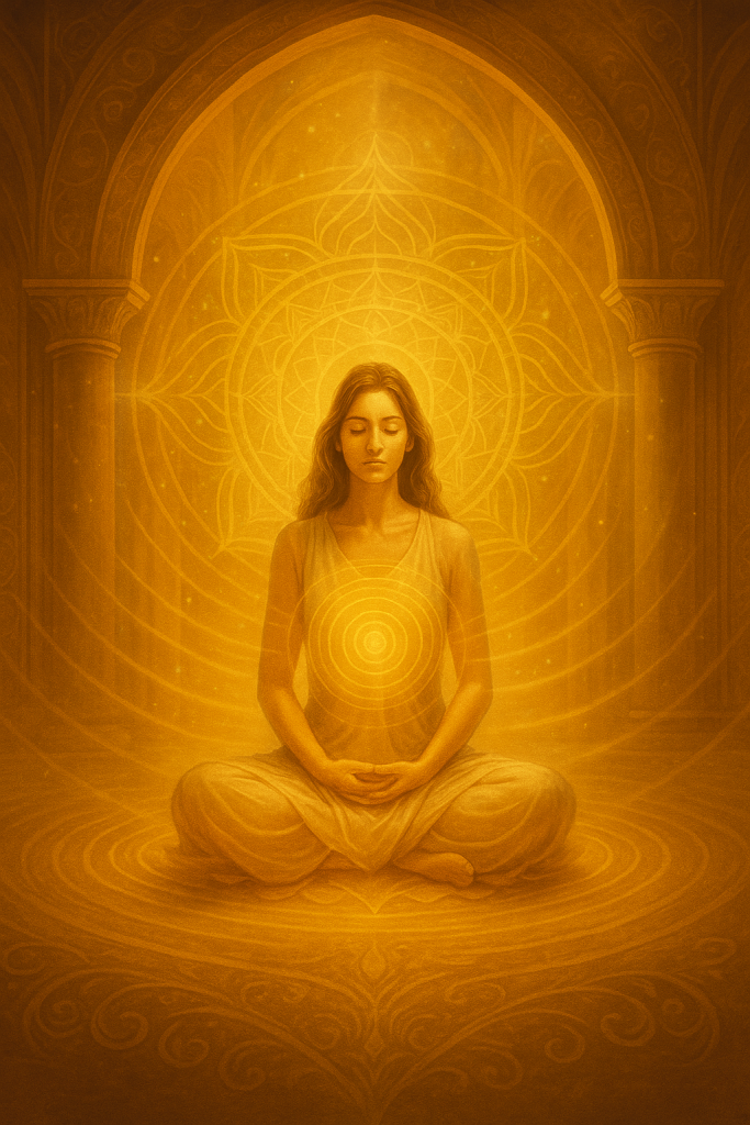 Mujer meditando en un templo dorado rodeada de luz y geometría sagrada, símbolo del equilibrio interior y la expansión espiritual.