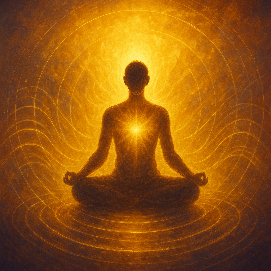 “Figura meditando rodeada de energía dorada que se transforma en luz y prosperidad, monedas etéreas flotando como símbolos de abundancia espiritual.”