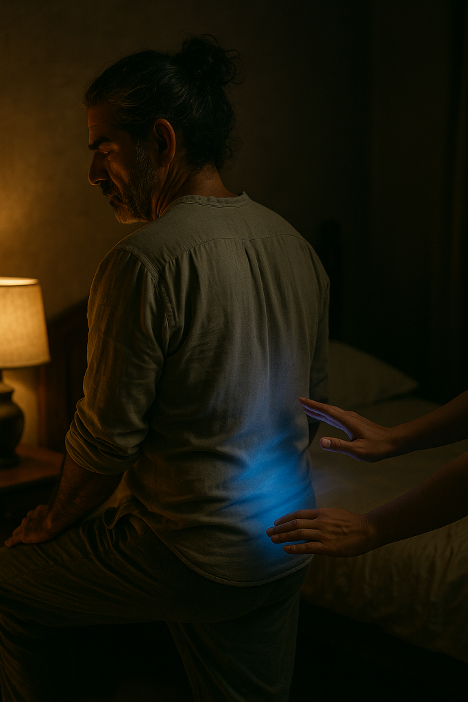 :Hombre recibiendo sanación energética en la espalda, luz simbólica azul indicando proceso de liberación y transformación interior.