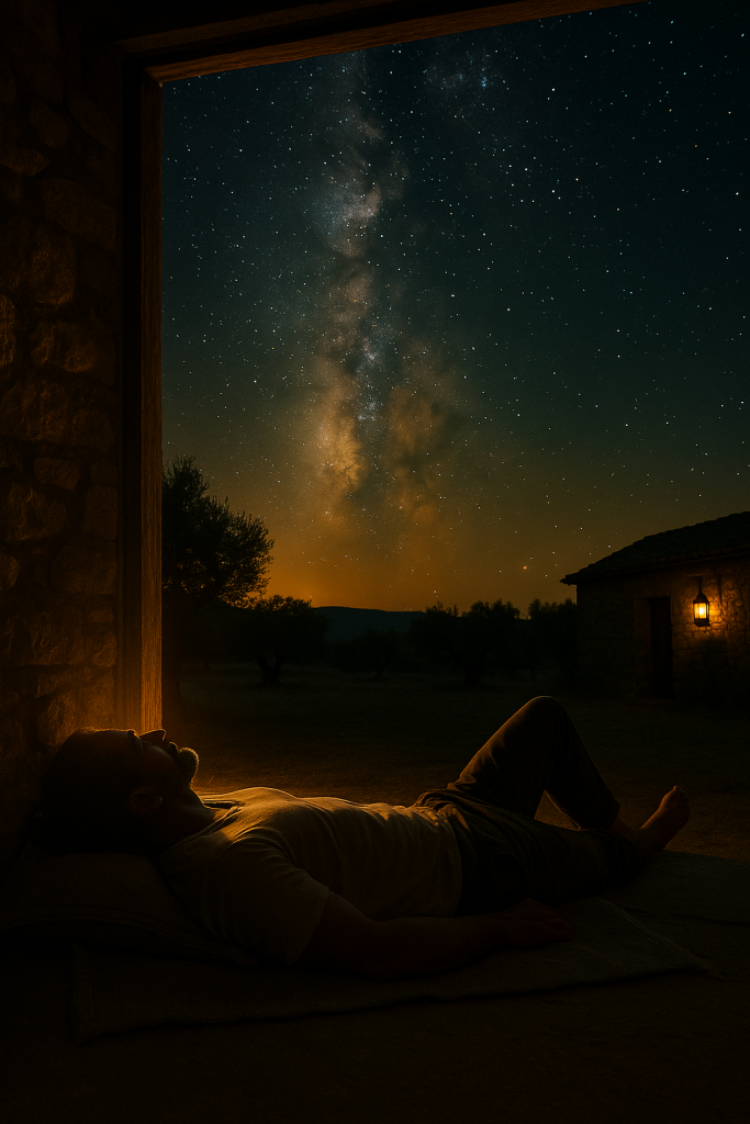 Hombre acostado contemplando la Vía Láctea, simbolizando conexión con el universo y despertar del propósito interior.