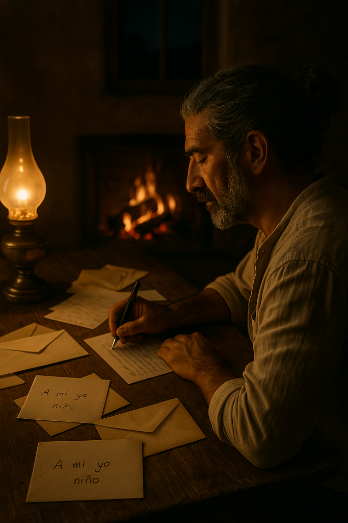 : Hombre escribiendo una carta a su niño interior junto a la luz cálida de una lámpara, tono introspectivo y sanador.