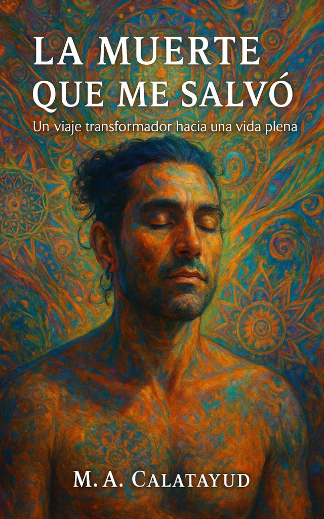 Portada del libro La Muerte que Me Salvó – Hombre en profundo estado meditativo rodeado de arte espiritual y colores cálidos.