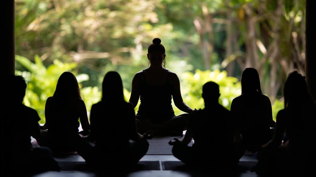 Instructor de Pranayama guiando a un grupo desde la calma y la seguridad corporal.