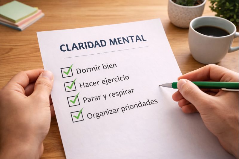 Checklist de claridad mental con tareas marcadas en verde sobre una mesa de madera.
