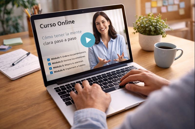Persona siguiendo un curso online sobre mindfulness y claridad mental desde su ordenador.