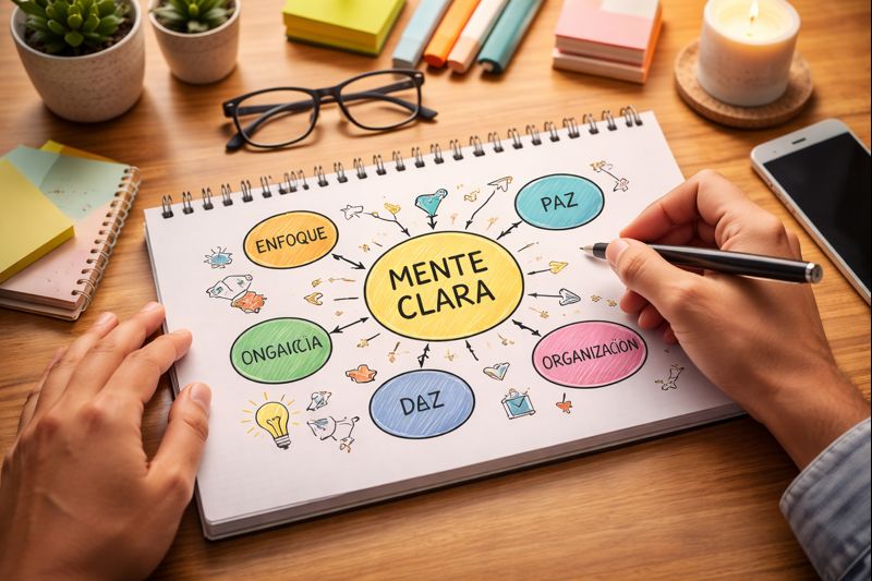 Mapa mental con el concepto “mente clara” conectado a enfoque, paz, creatividad, energía y organización