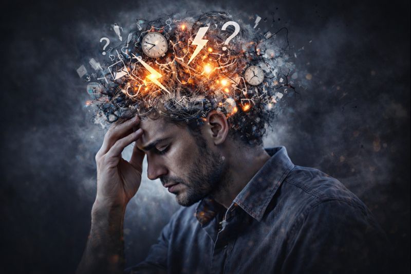 Mente saturada con pensamientos desordenados y sensación de caos mental.