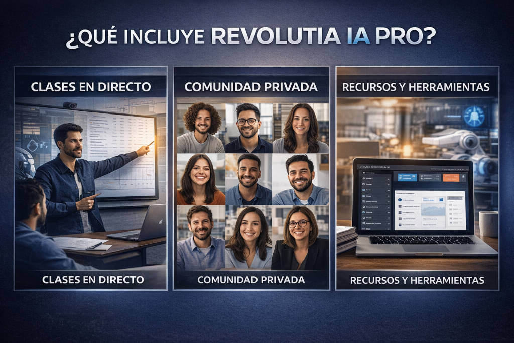 Qué incluye Revolutia IA Pro clases en directo comunidad privada y recursos