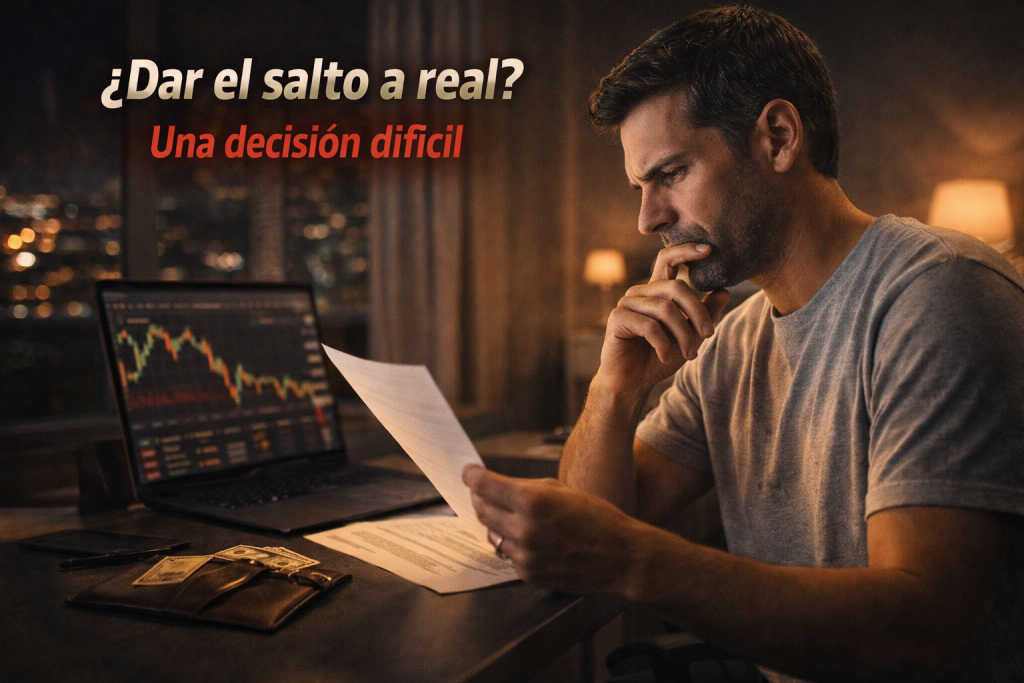 persona dudando antes de empezar en trading real analizando si merece la pena o no