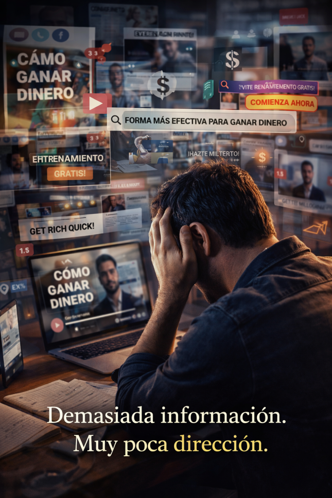 persona saturada por exceso de información sobre cómo ganar dinero online en internet