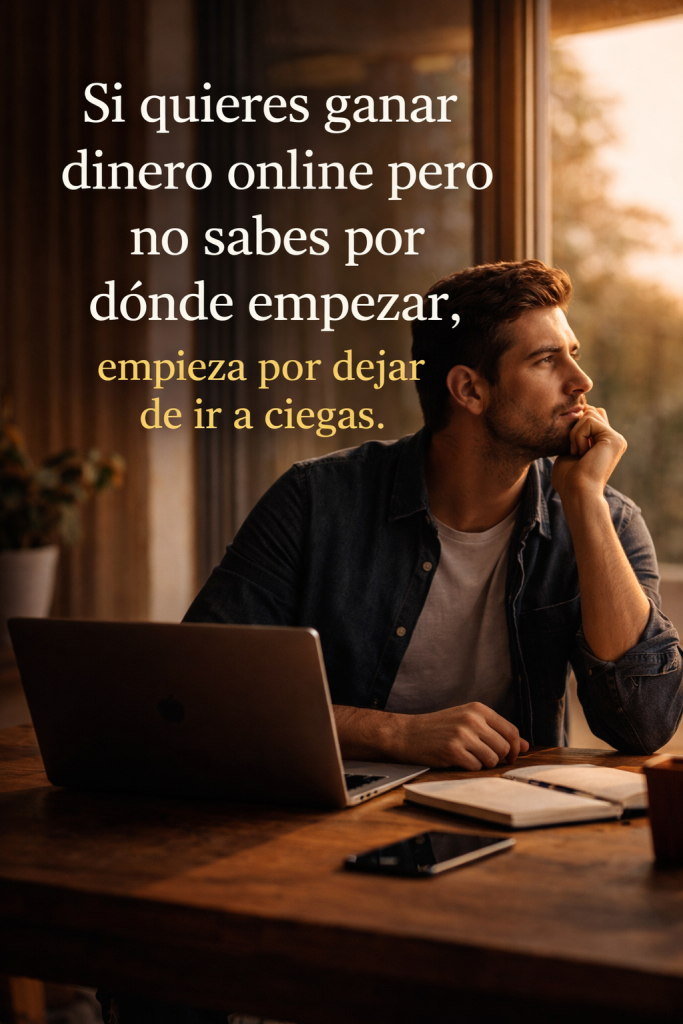 hombre reflexionando frente a un portátil mientras busca cómo ganar dinero online desde cero