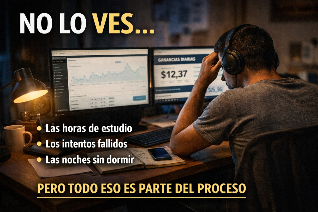 trabajo real detrás de ganar dinero online con marketing de afiliados Partner 360 proceso esfuerzo nocturno