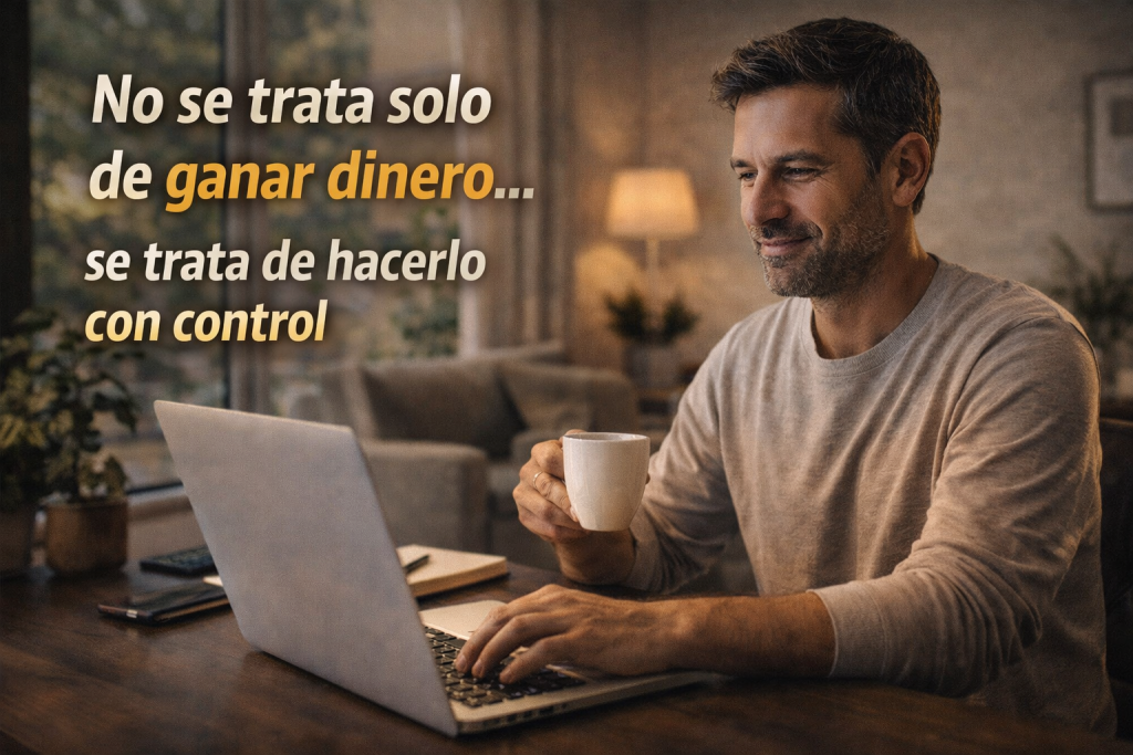persona trabajando desde casa con calma y control mental generando ingresos online de forma estable