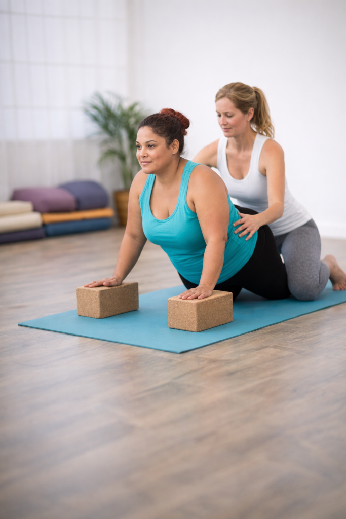 yoga adaptado con bloques para apoyar la postura y proteger la espalda