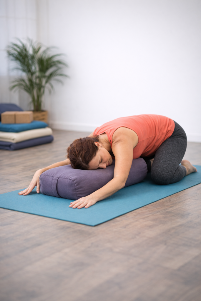 postura de yoga adaptado para aliviar tensión en la espalda utilizando soporte