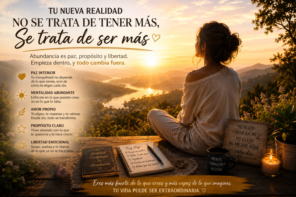 Persona contemplando un amanecer mientras reflexiona sobre abundancia interior, paz mental y transformación personal