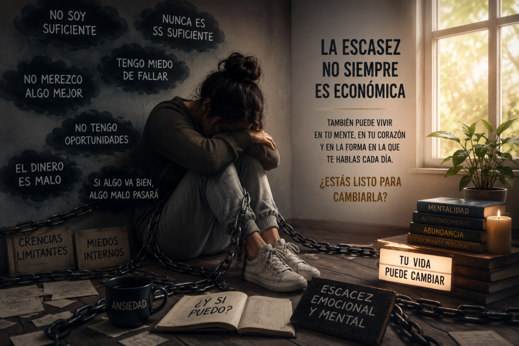 Persona atrapada en creencias limitantes y escasez emocional intentando transformar su mentalidad
