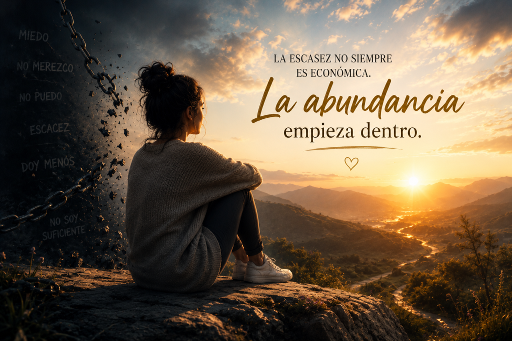 Persona contemplando el amanecer mientras deja atrás la mentalidad de escasez y busca abundancia interior