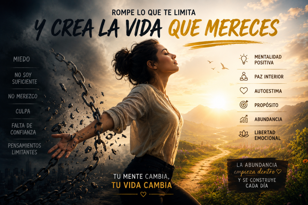 Persona rompiendo cadenas mentales y superando creencias limitantes para crear una vida abundante